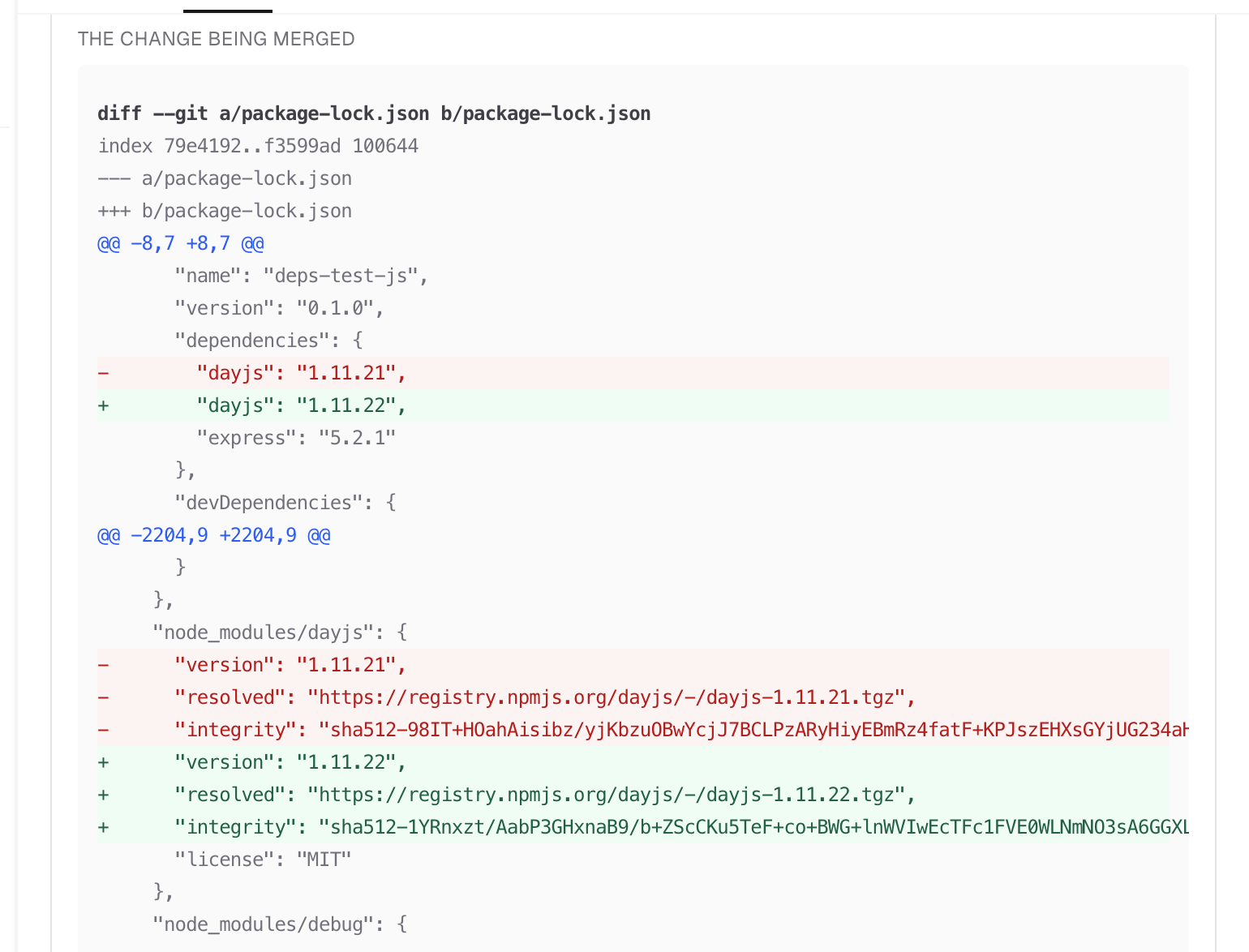The change being merged: a dayjs patch bump in package-lock.json, shown as the exact diff on the run's Changes tab.